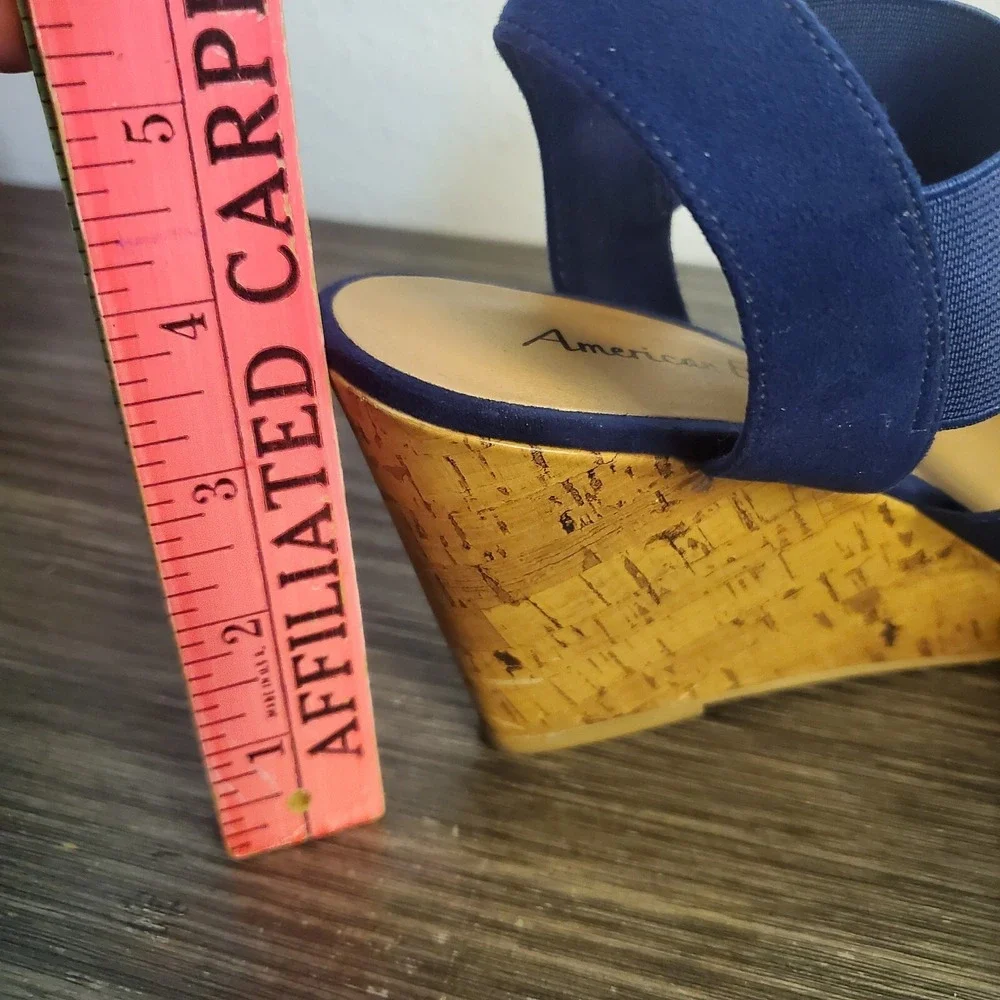 American Eagle Women's Ryan Wedge Sandals Navy Blue Cork Heel Straps‎ Size 9.5